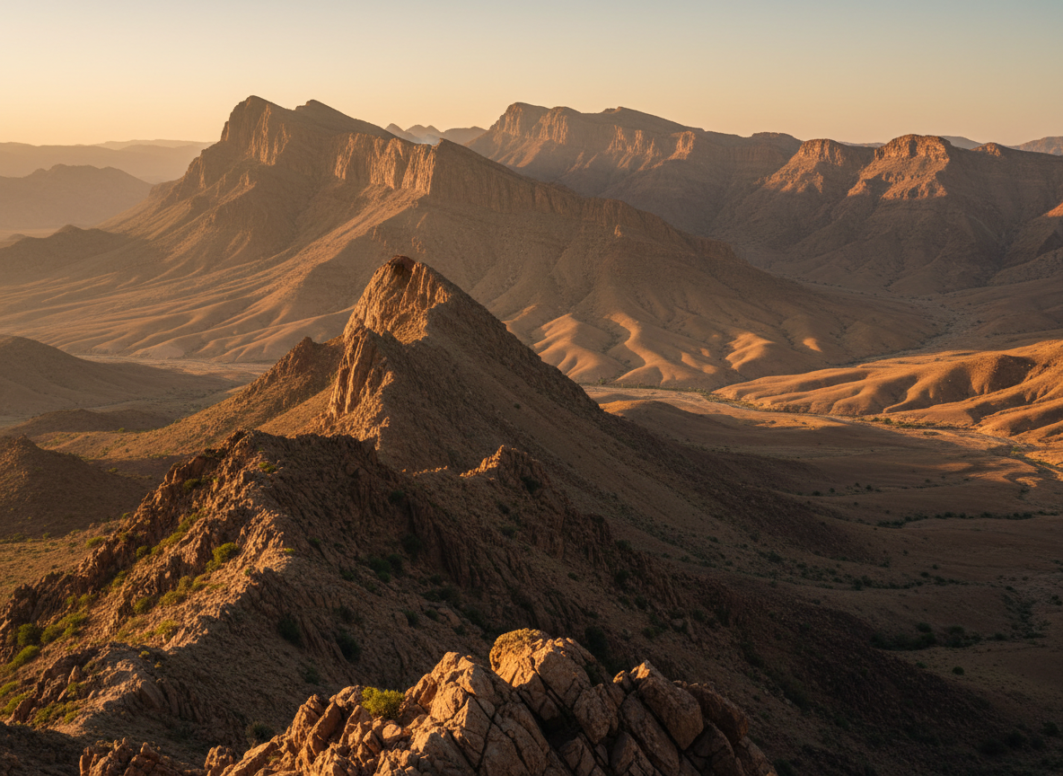 A dramatic Balochistan mountain landscape at dusk. Layered rugged peaks and rolling ochre hills receding into hazy distance, bathed in warm golden light from a low setting sun. Deep shadows, rich earthy tones of green, gold, and dark umber. Cinematic, atmospheric, expansive, no people. Sharp foreground rocks, soft glowing horizon. Photographic realism, moody and majestic, evoking heritage and resilience.