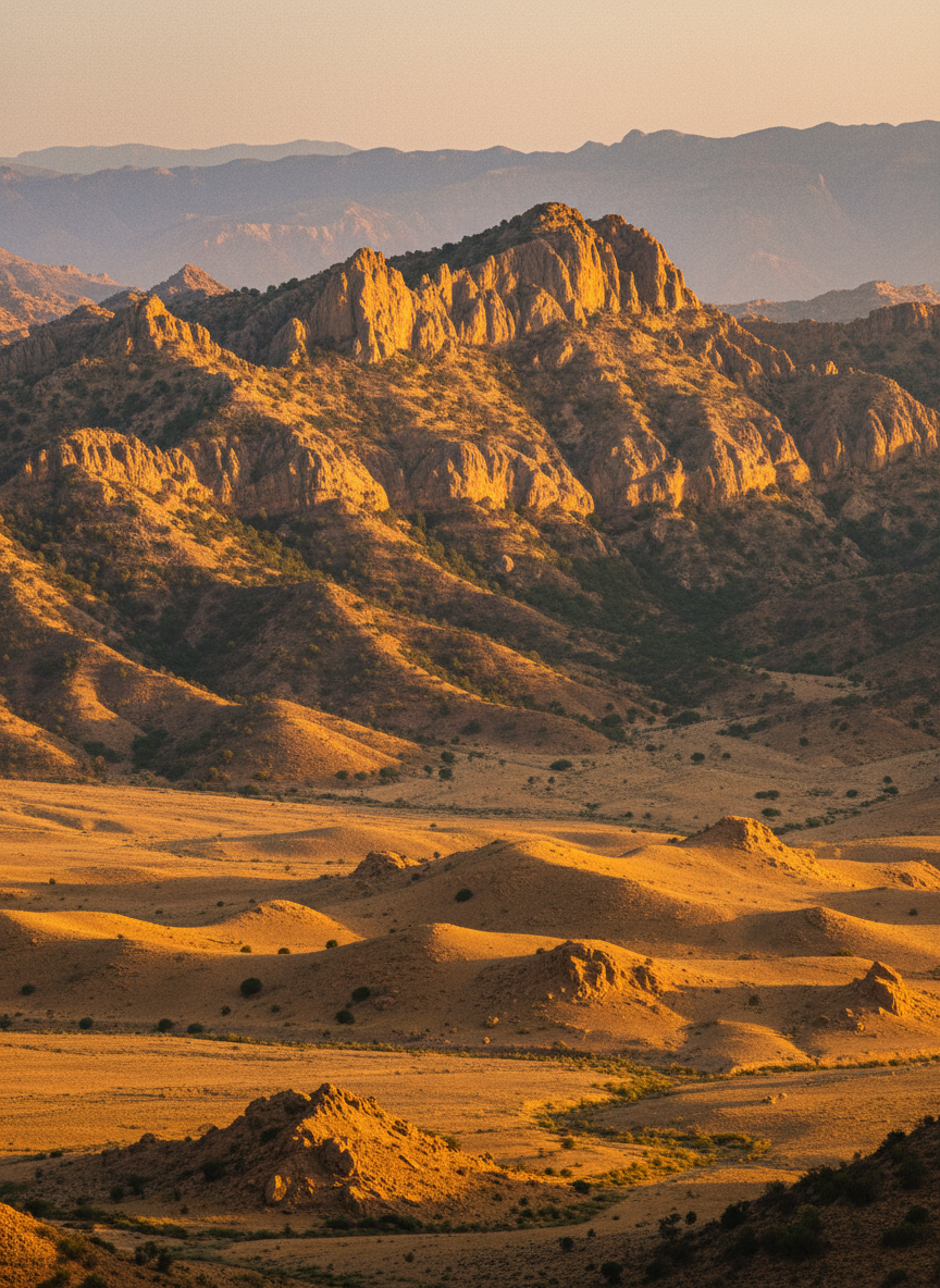 Balochistan landscape at golden hour with layered mountain ridges