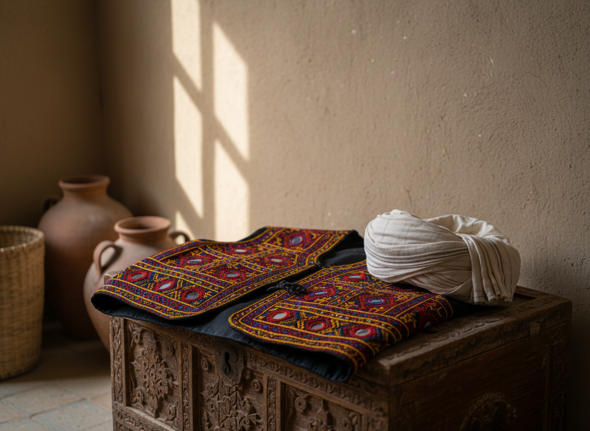 A close-up photographic view of an ornate traditional Baloch waistcoat and turban carefully arranged on a carved wooden chest in a simple mud-plastered interior. The waistcoat features dense hand-embroidered geometric patterns in crimson, mustard, and deep blue thread, with tiny mirrored accents catching the light. The turban fabric, folded with precision, shows subtle textures of fine cotton. Behind them, a plain earthen wall is softly lit by diffused window light from the left, casting delicate shadows that emphasize every stitch and fold. Shot from a slightly elevated angle with a shallow depth of field, the garments are in sharp focus while clay pots and a woven basket in the background blur gently. The atmosphere is reverent and archival, highlighting preservation of Baloch cultural dress in a clean, professional photographic style.